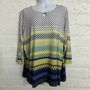 Allison Daley Plus Womens Top 2X Blue Yellow Blouse Stretch 3/4 Sleeve AC11